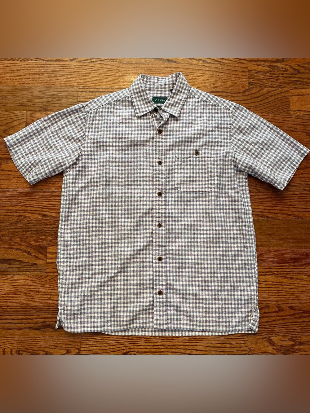 Orvis Shirt Men’s Medium Button Up Hemp Blend Plaid Short Sleeve Red White Blue